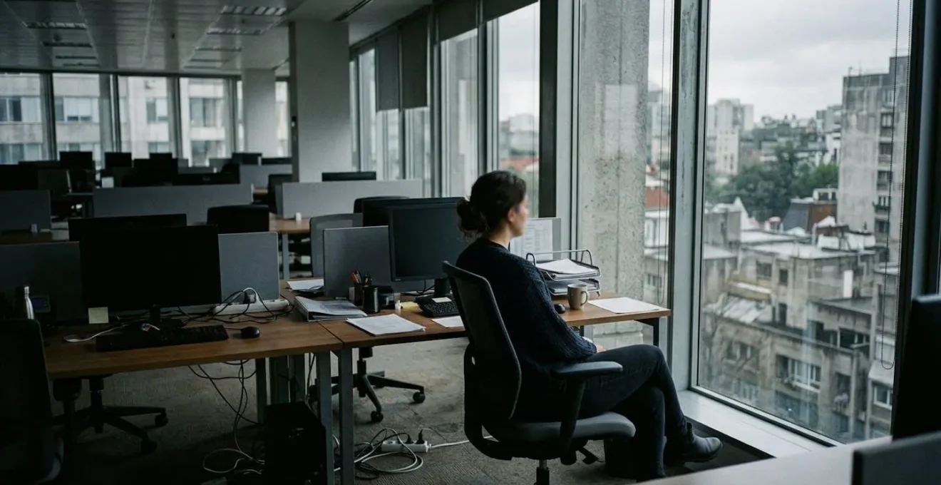 Personne assise seule dans un open space partiellement vide, regardant par la fenêtre, ambiance mélancolique