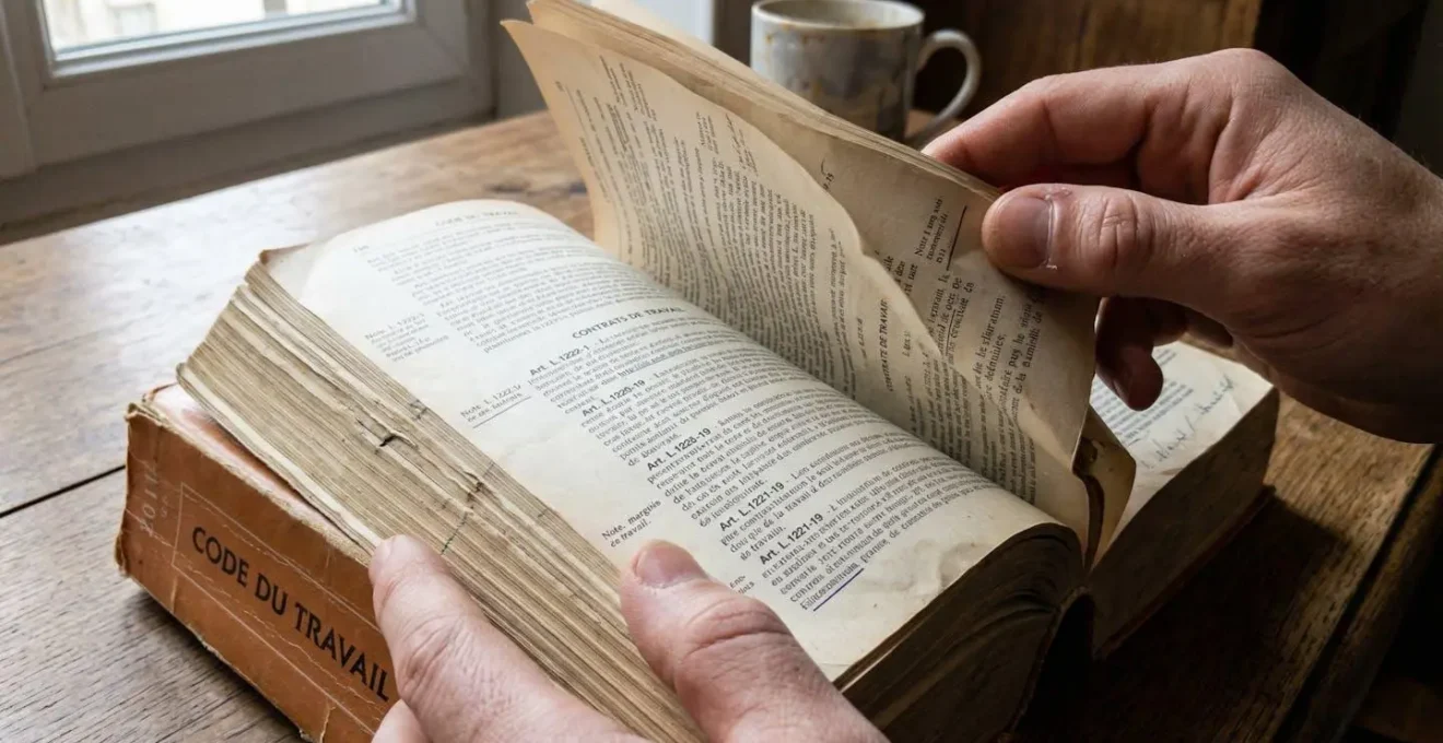 Mains d'une personne feuilletant un document épais, probablement un Code du travail ou une convention collective, sur un bureau