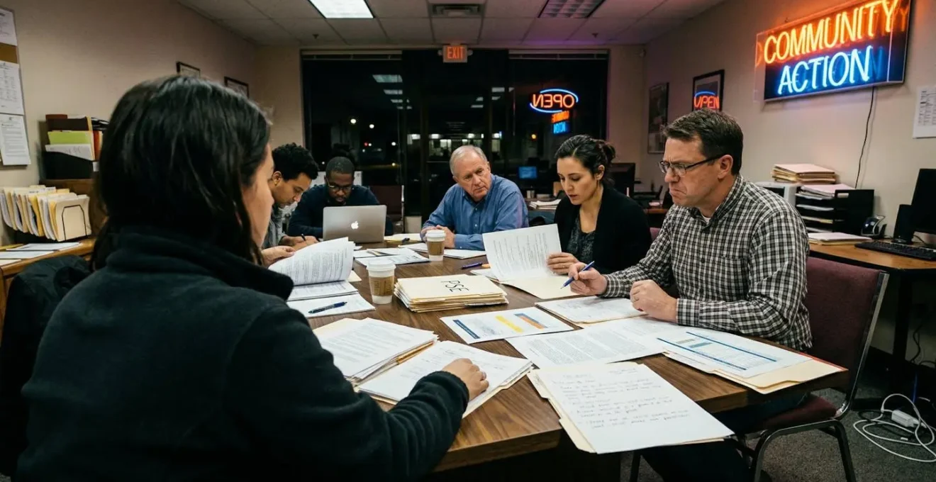 Plusieurs personnes assises autour d'une table de réunion dans une salle de CSE, discutant avec des documents devant elles, ambiance sérieuse et professionnelle