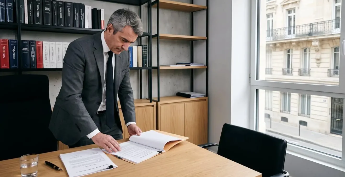 Bureau d'avocat contemporain dans le 16ème arrondissement de Paris avec vue sur immeuble haussmannien, avocat en costume consultant des dossiers juridiques, codes français visibles en arrière-plan, lumière naturelle latérale