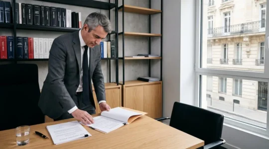 Bureau d'avocat contemporain dans le 16ème arrondissement de Paris avec vue sur immeuble haussmannien, avocat en costume consultant des dossiers juridiques, codes français visibles en arrière-plan, lumière naturelle latérale