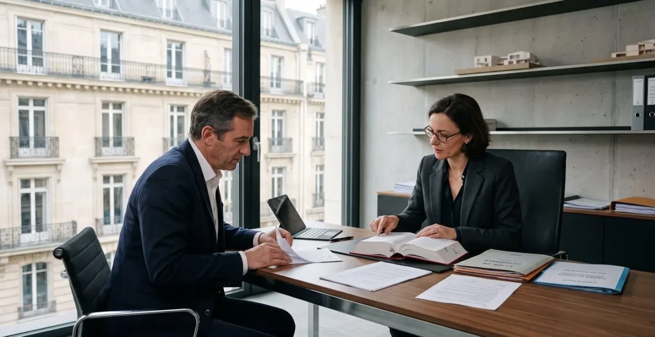 Bureau d'avocat parisien moderne avec Code de commerce ouvert, dossiers de conformité juridique et fenêtre donnant sur architecture haussmannienne du 16e arrondissement