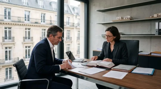 Bureau d'avocat parisien moderne avec Code de commerce ouvert, dossiers de conformité juridique et fenêtre donnant sur architecture haussmannienne du 16e arrondissement
