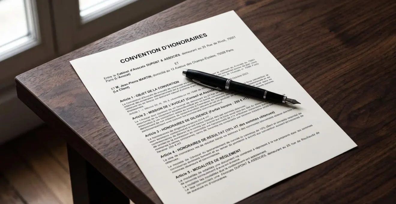 Gros plan sur un contrat d'honoraires d'avocat posé sur bureau en bois, main en costume pointant une clause tarifaire, stylo plume noir à côté, typographie française visible, éclairage naturel latéral