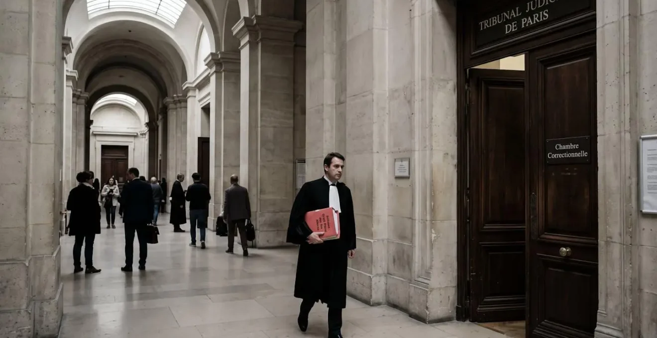 Couloir du Tribunal judiciaire de Paris avec porte de salle d'audience Chambre Correctionnelle et avocat en robe noire tenant dossier de défense pénale des affaires