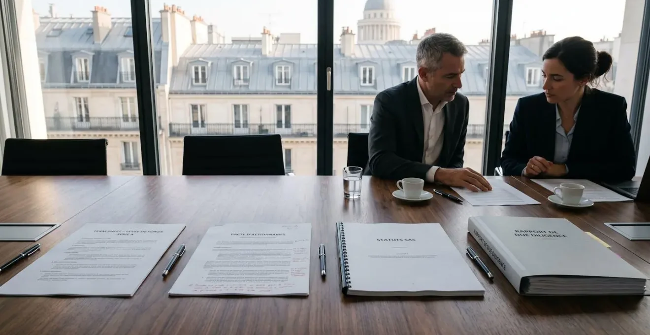 Table de négociation parisienne avec documents de levée de fonds disposés chronologiquement : term sheet, pacte d'actionnaires, statuts SAS et rapport de due diligence