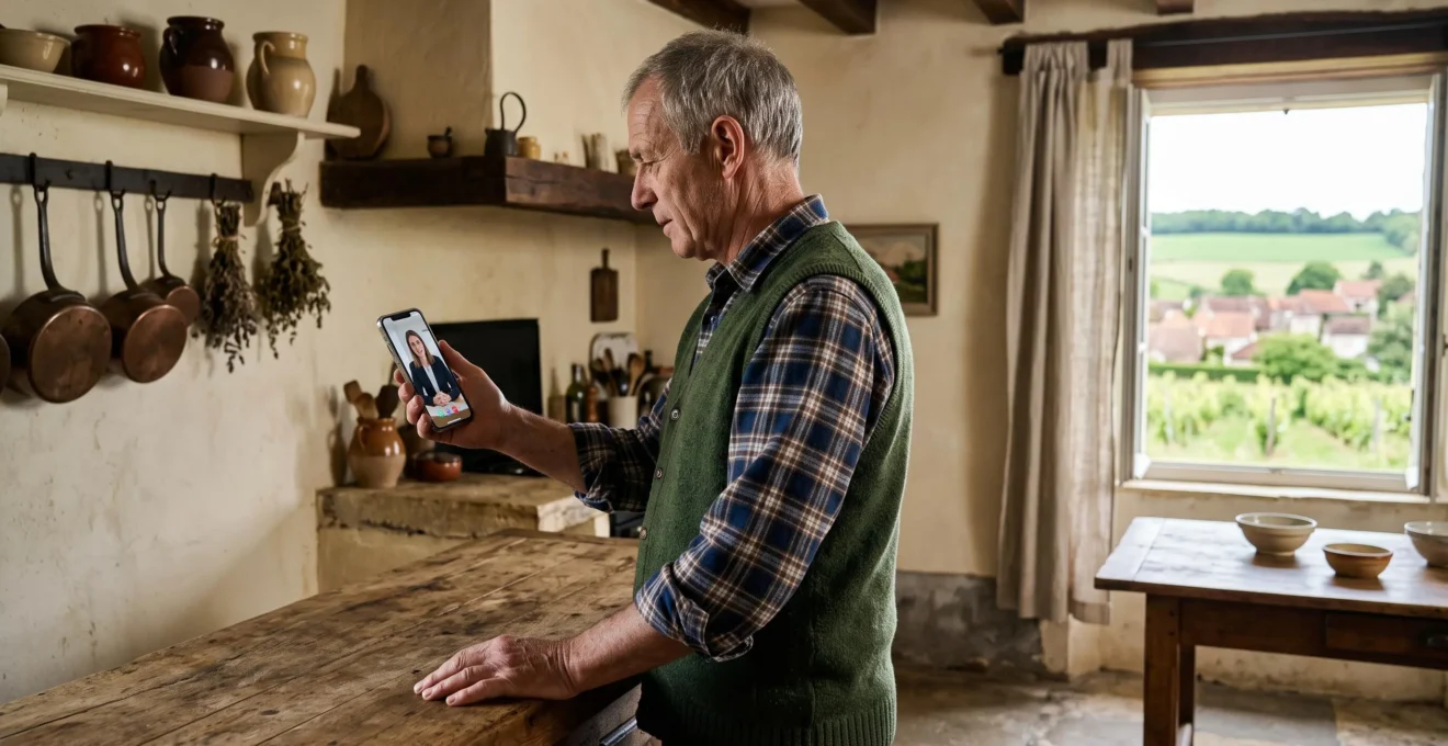 Un homme debout dans la cuisine d'une maison rurale consulte un juriste par appel vidéo sur son smartphone.