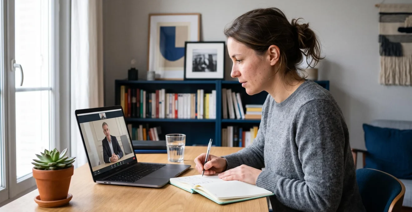 Une femme en visioconférence avec une conseillère juridique depuis le bureau de son domicile, prenant des notes pendant l'échange.