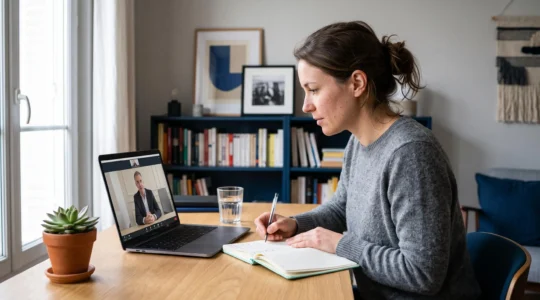 Une femme en visioconférence avec une conseillère juridique depuis le bureau de son domicile, prenant des notes pendant l'échange.