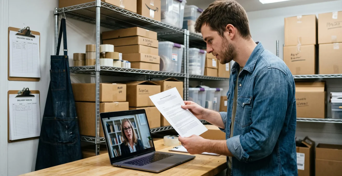 Un jeune entrepreneur présente un document à la caméra de son ordinateur portable lors d'une consultation juridique en ligne dans l'arrière-boutique de son commerce.